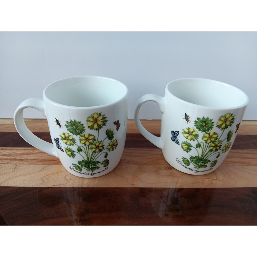 VTG Coffee Mug Set of 2 Floral Butterly Mugs Flowers Yellow Blue Green 10oz